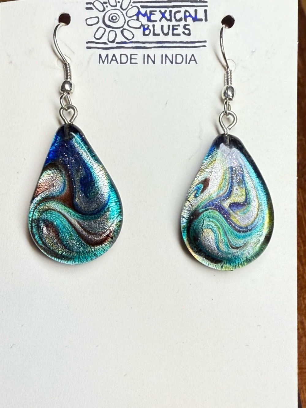 NWT -Mexicali Blues Iridescent Teardrop Glass Earrings - Blue & Green